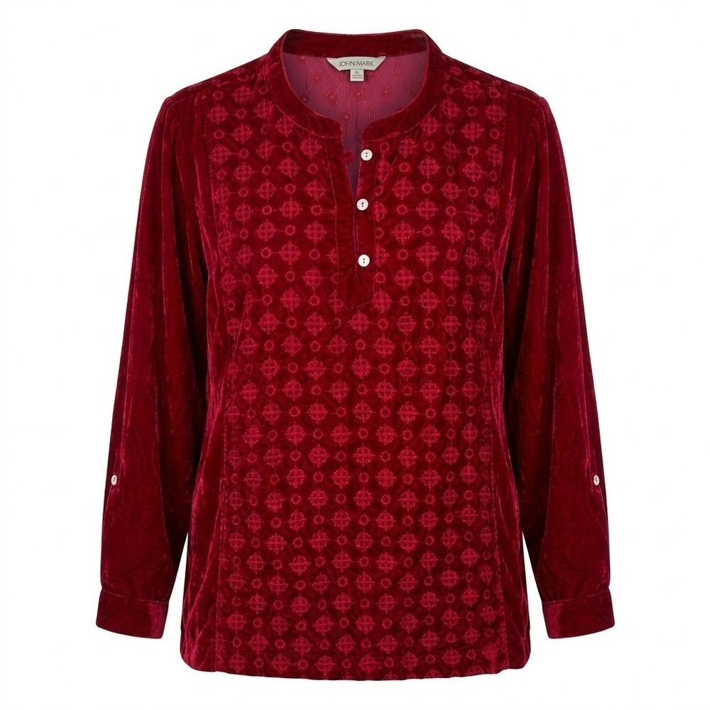 John Mark Womens 2X Red‎ Velvet Embroidered Roll Tab Sleeve Tunic Shirt